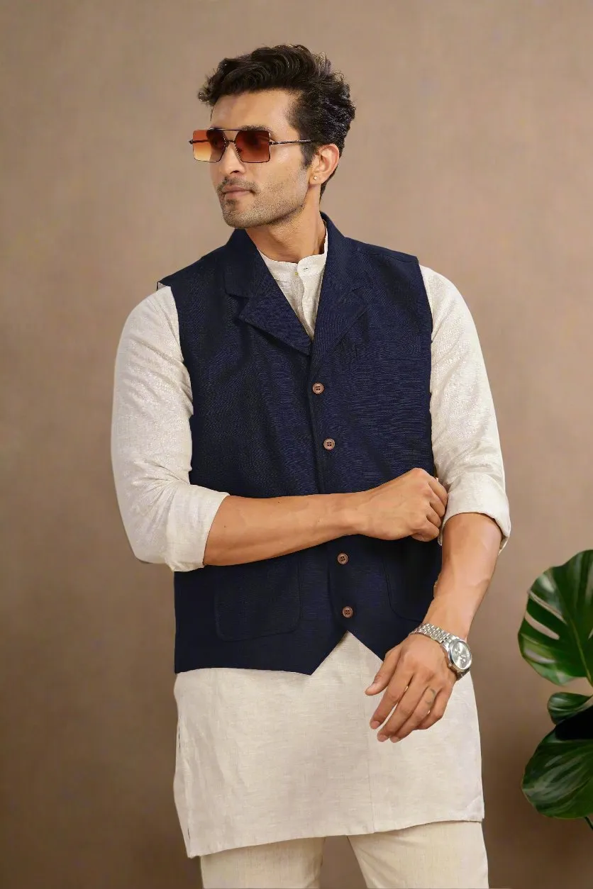 Pure Linen Waist Coat | Regal Blue