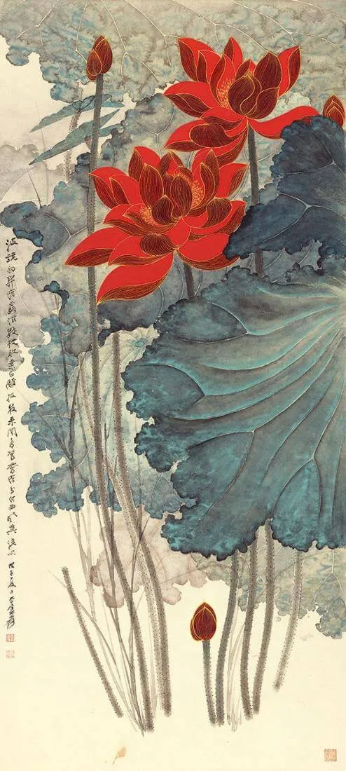 Red Lotus And Mandarin Ducks - Zhang Daqian - Chinese Gongbi Art Painting - Framed Prints