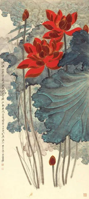 Red Lotus And Mandarin Ducks - Zhang Daqian - Chinese Gongbi Art Painting - Framed Prints