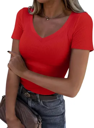 Roselux Women V Neck Ribbed Fitted Tight Tshirt Short Sleeve Shirt Basic Knit Top