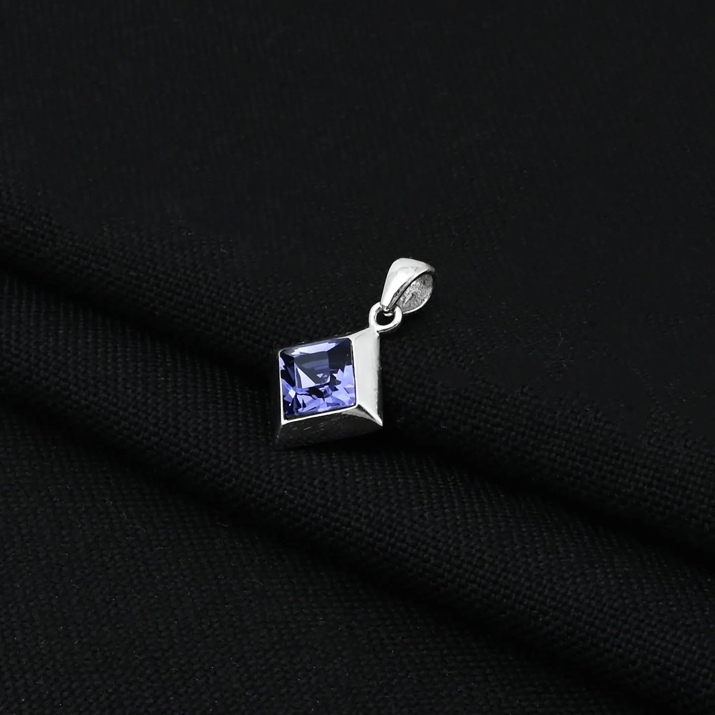 Sterling Silver Tilted Square Solitaire Blue Stone Pendant