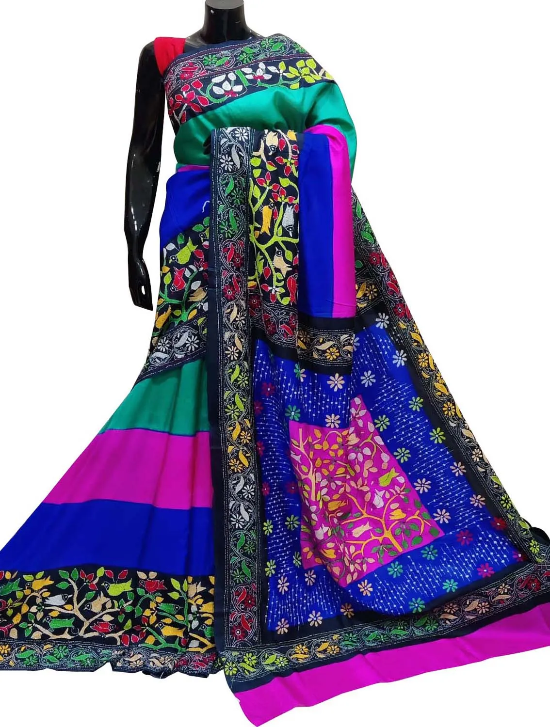 Stunning Multicolor Kantha Embroidered Bangalore Silk Saree