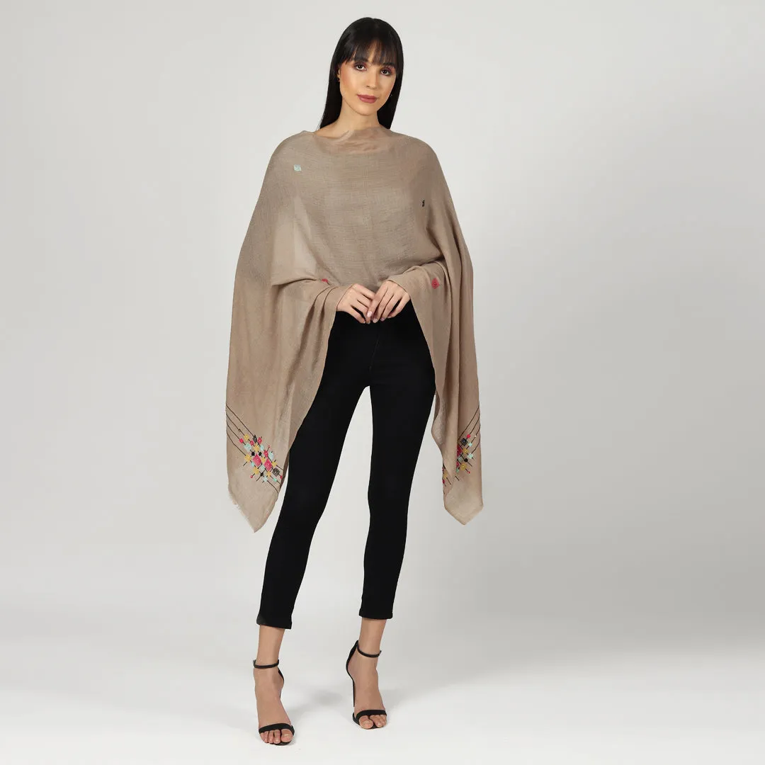 Tan Pure Pashmina Shawl with Geometric Hand Embroidered Design