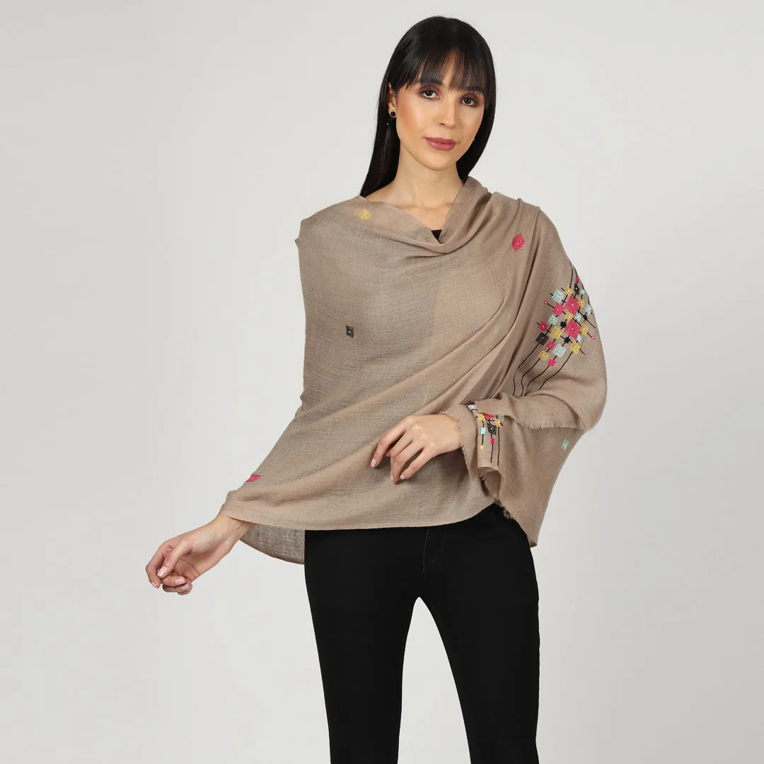 Tan Pure Pashmina Shawl with Geometric Hand Embroidered Design