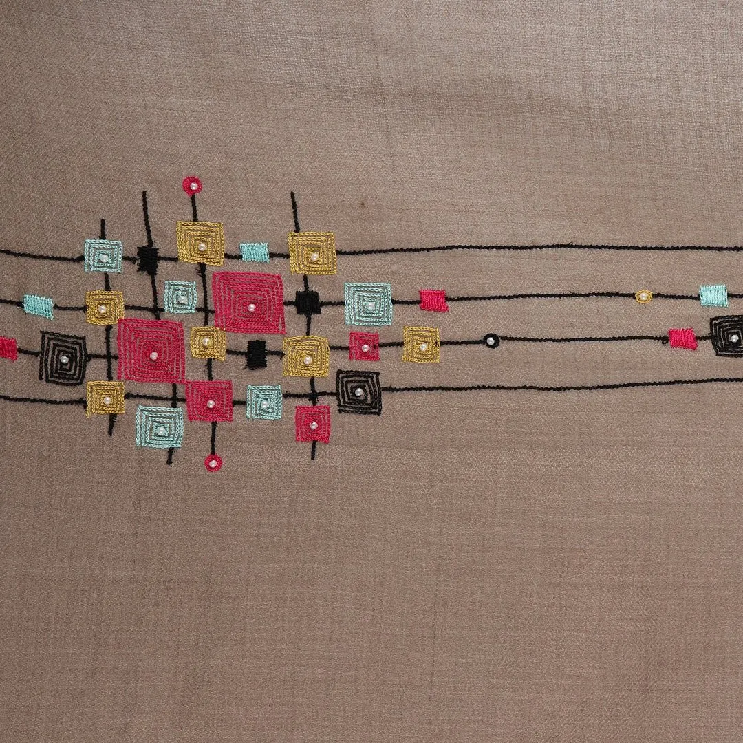 Tan Pure Pashmina Shawl with Geometric Hand Embroidered Design