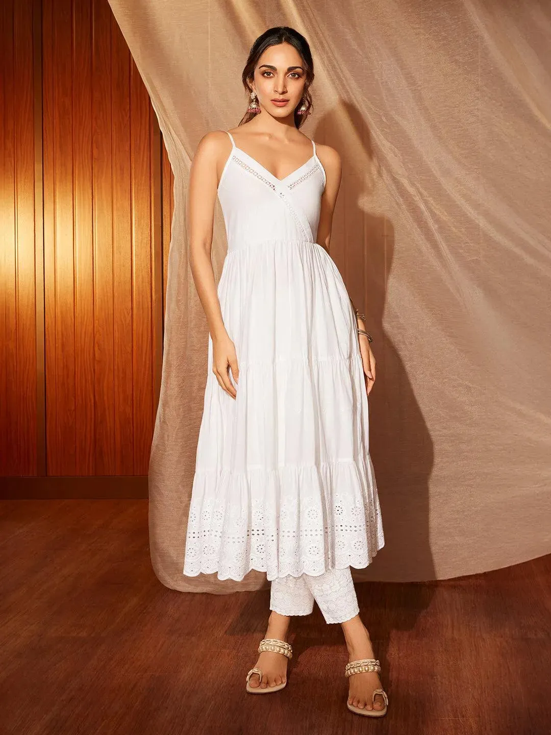 The Kiara Cut White Self Design Cotton A-Line Kurta With Trousers