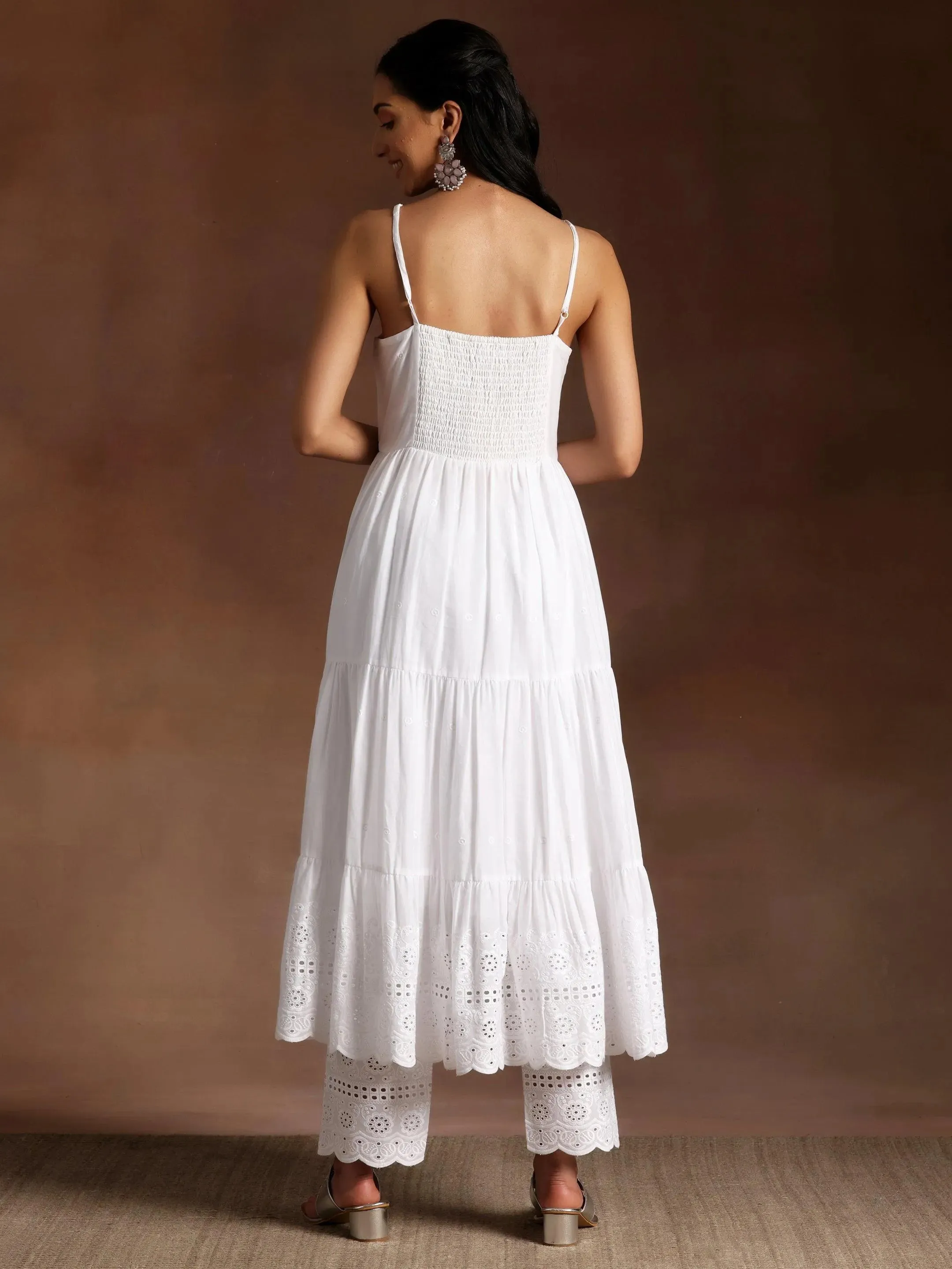The Kiara Cut White Self Design Cotton A-Line Kurta With Trousers