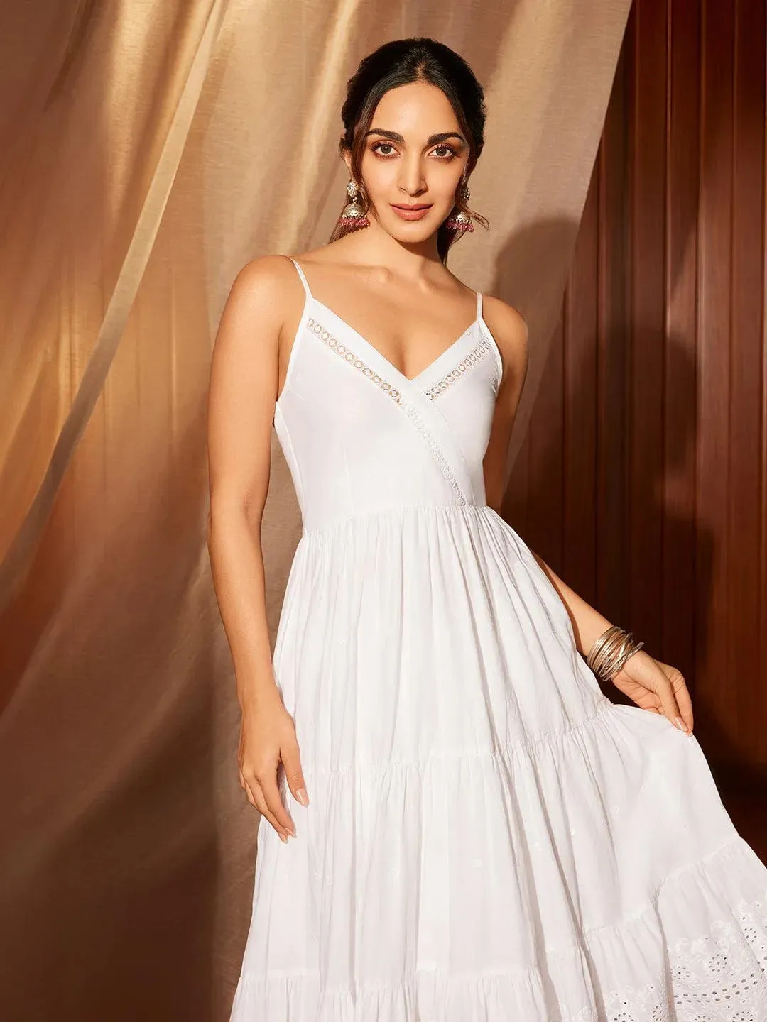 The Kiara Cut White Self Design Cotton A-Line Kurta With Trousers