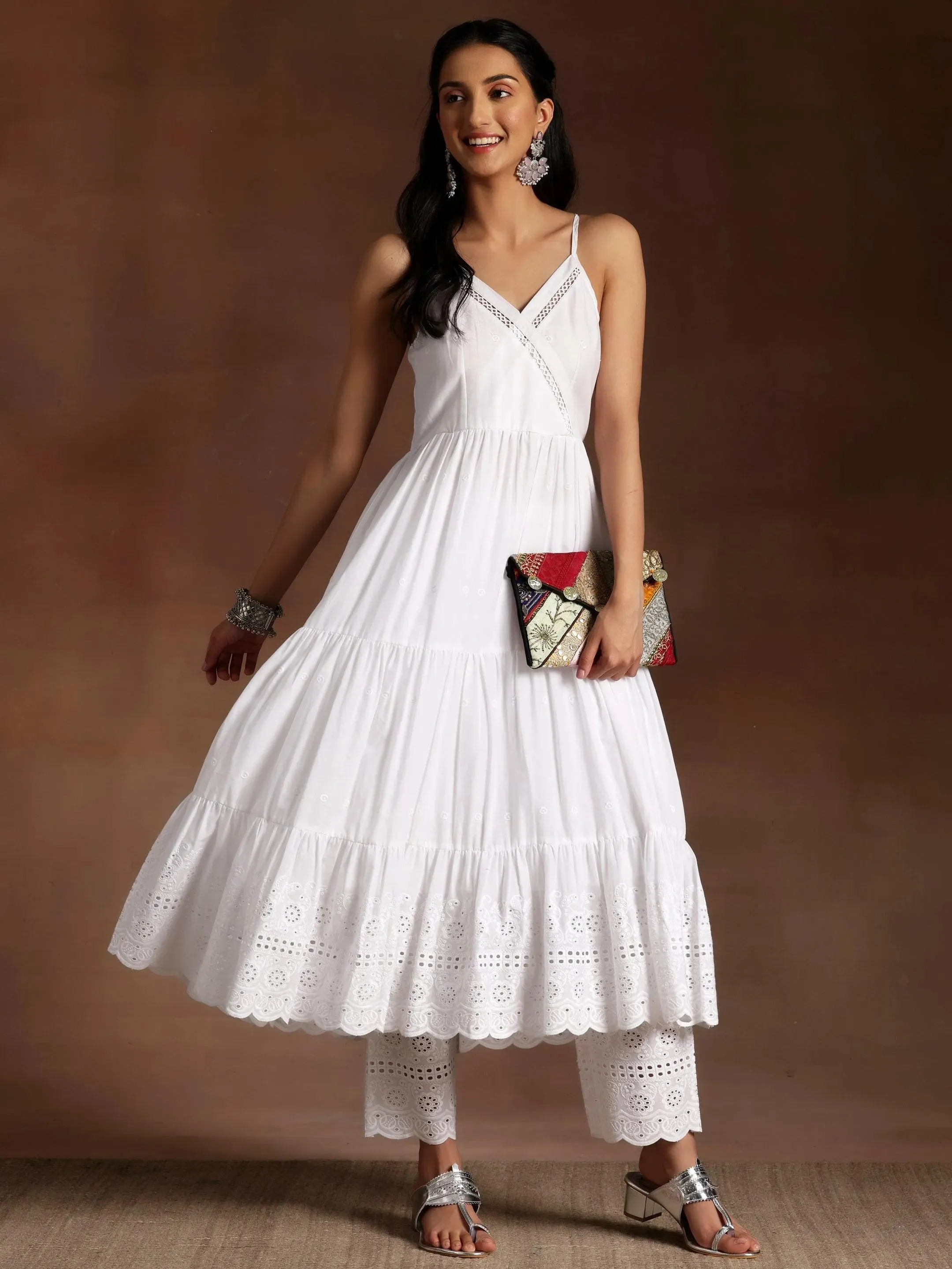 The Kiara Cut White Self Design Cotton A-Line Kurta With Trousers