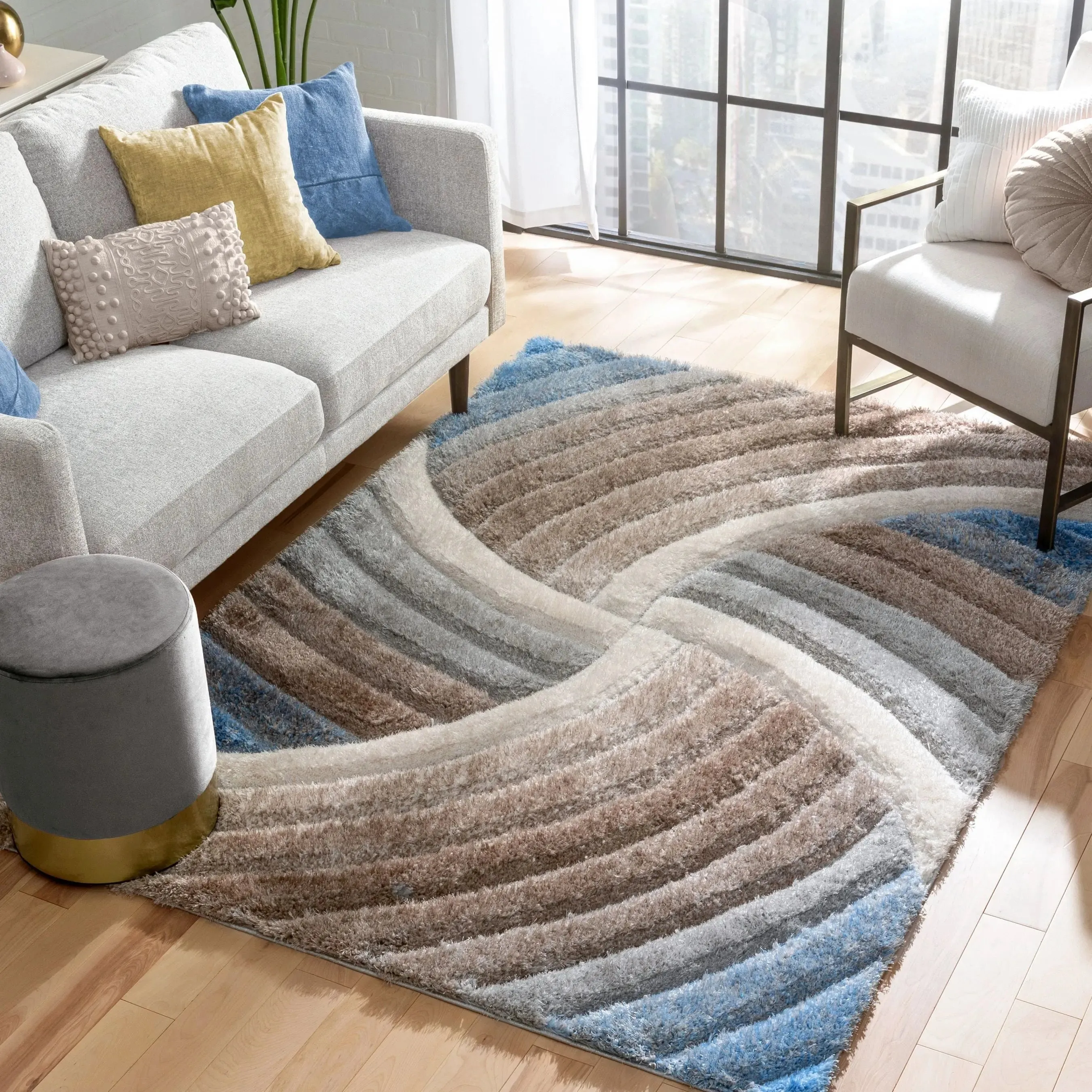 Ucci  Modern Modern Geometric Shag Beige  3D Textured Thick & Soft Shag Rug