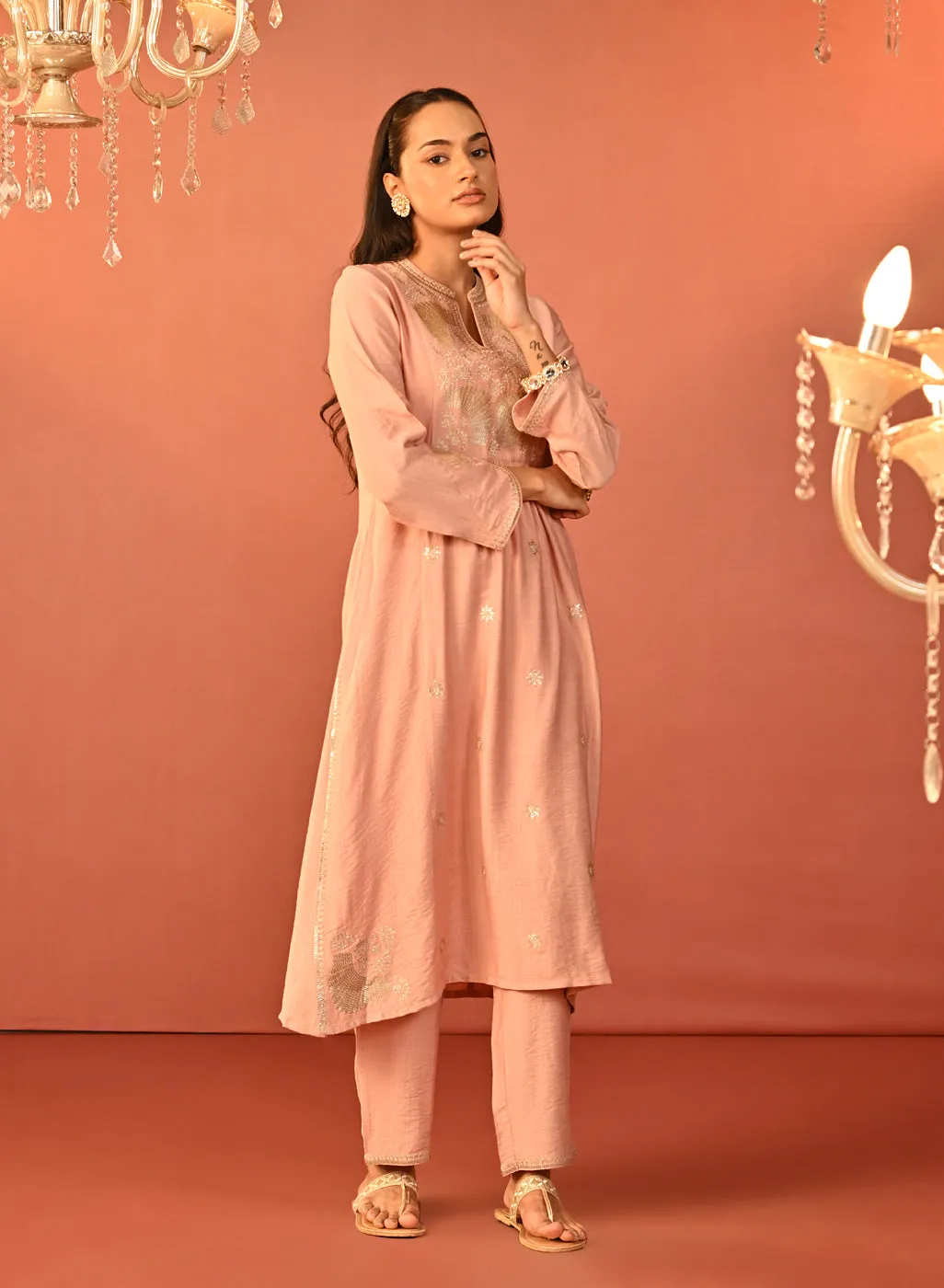 Wamiqa Light Pink Embroidered Rayon Co-ord Set for Women