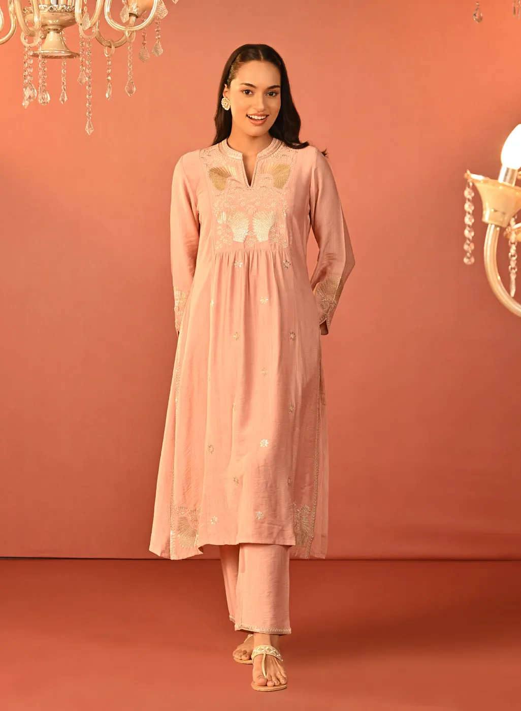 Wamiqa Light Pink Embroidered Rayon Co-ord Set for Women
