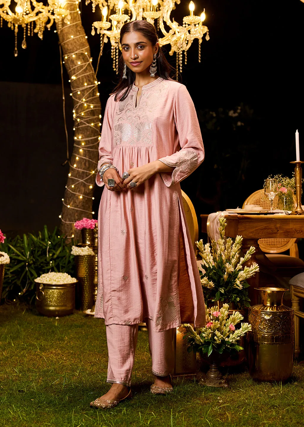 Wamiqa Light Pink Embroidered Rayon Co-ord Set for Women