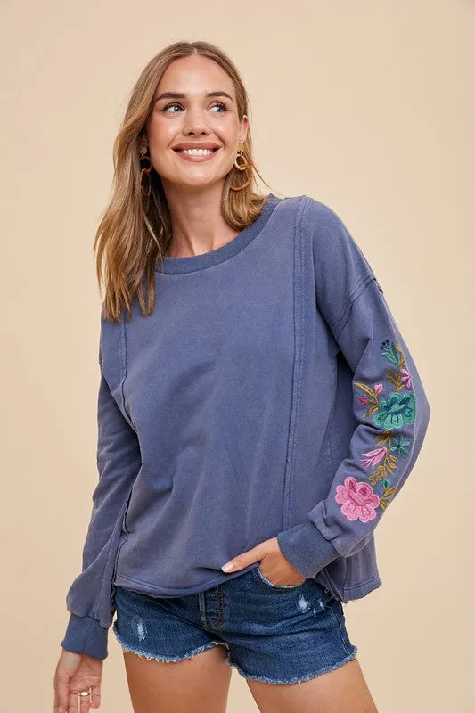 Washed French Terry Embroidered Long Sleeve Top