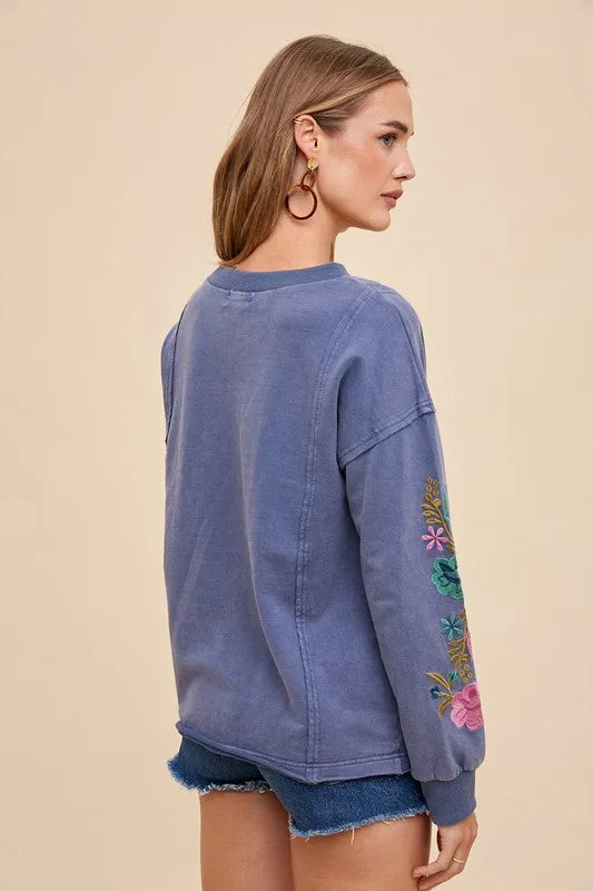Washed French Terry Embroidered Long Sleeve Top