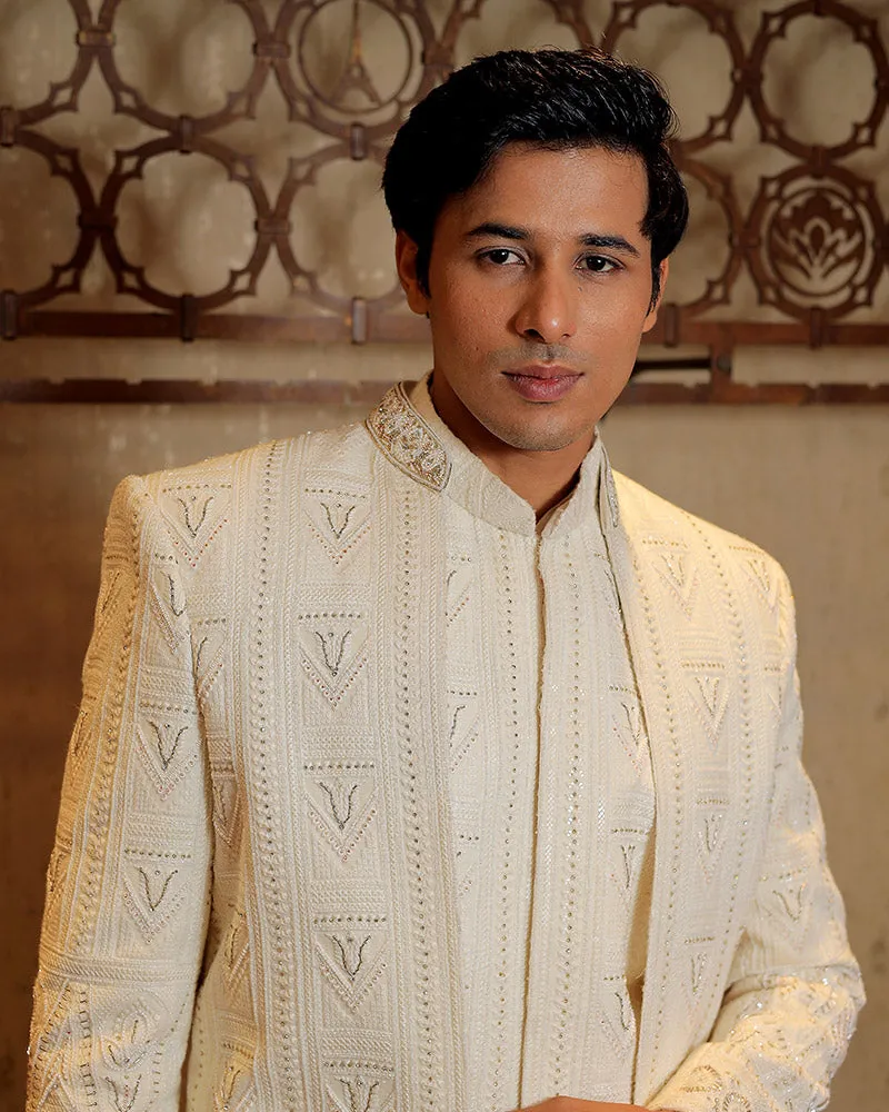 White Long Style Thread Embroidered Sherwani Set