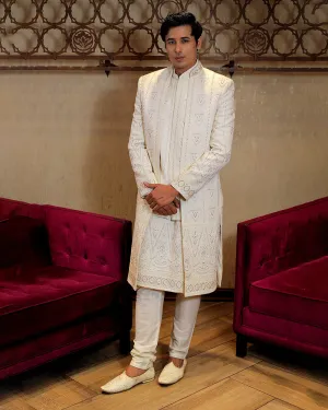 White Long Style Thread Embroidered Sherwani Set