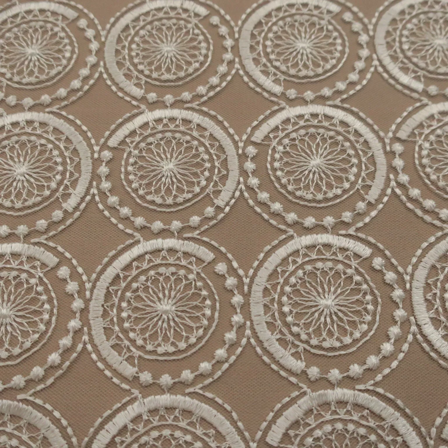 White Tulle with White Geometric Design  Embroidered Fabric