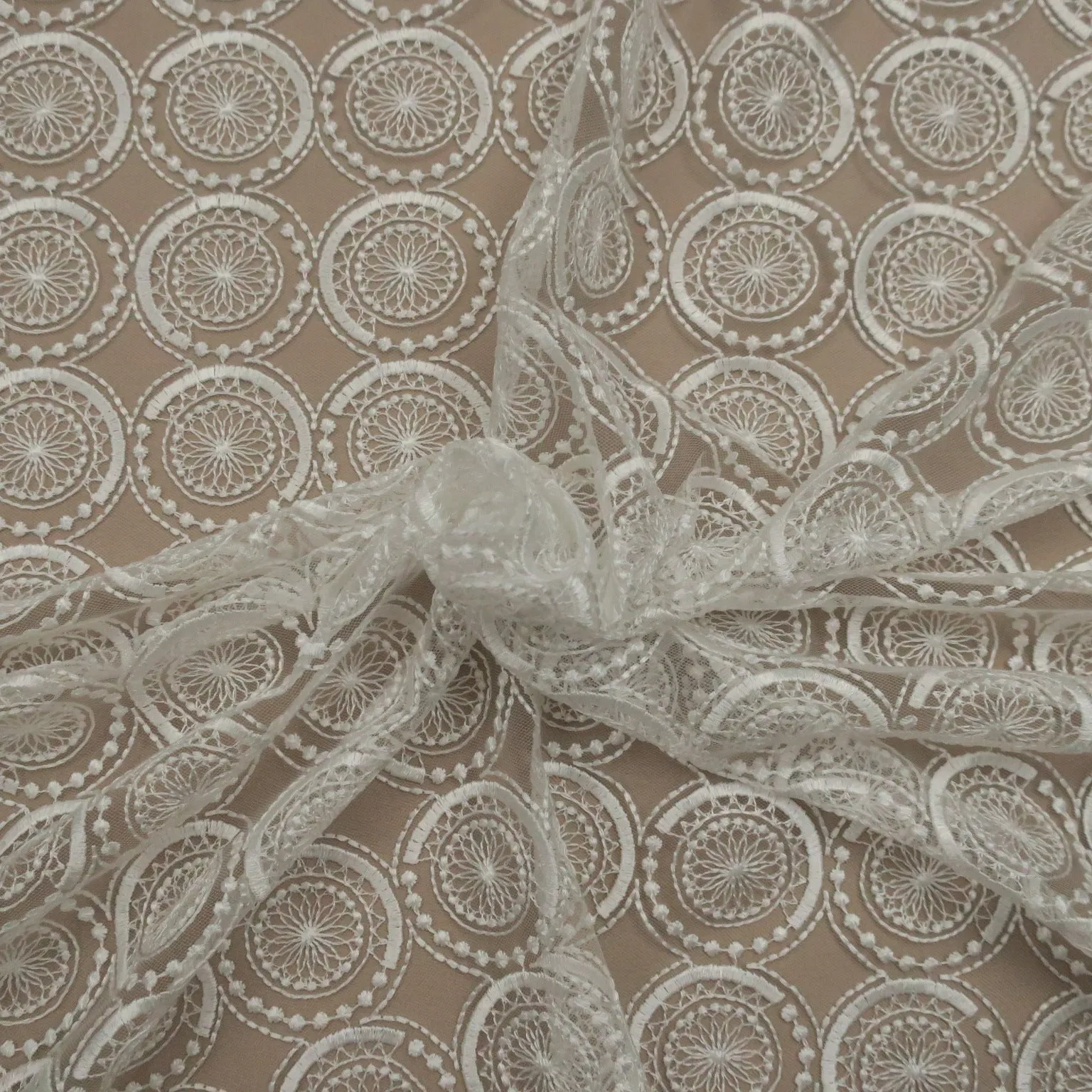 White Tulle with White Geometric Design  Embroidered Fabric