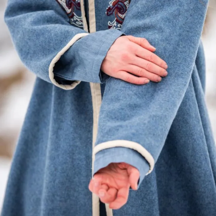 Women's Blue Wool Viking-Inspired Coat | Urnes Embroidery