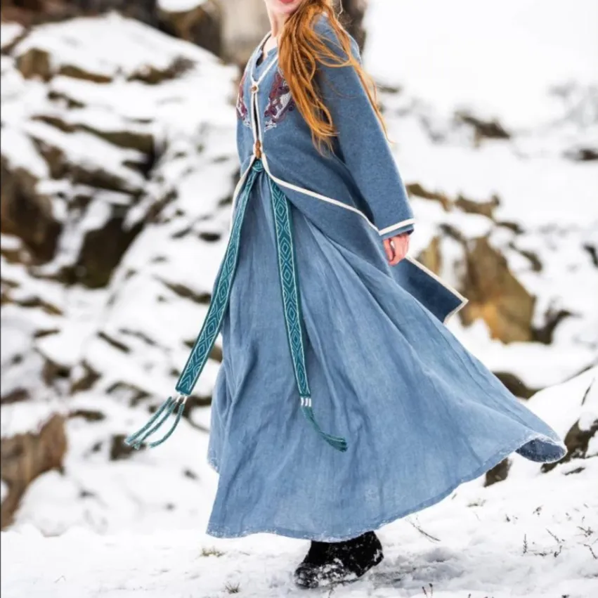 Women's Blue Wool Viking-Inspired Coat | Urnes Embroidery