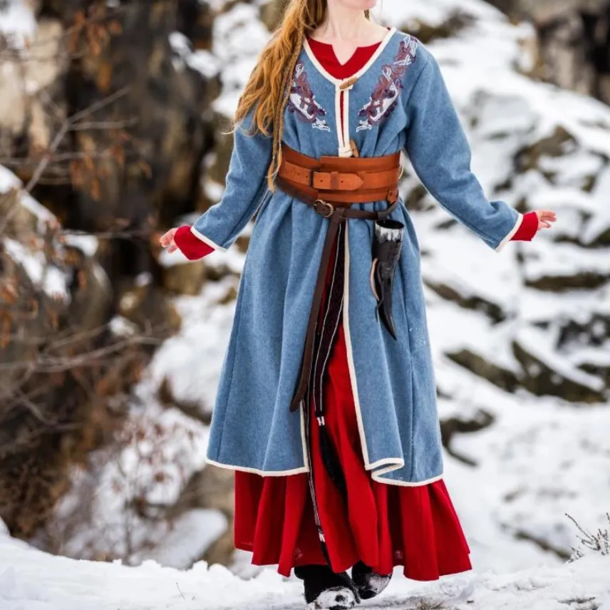 Women's Blue Wool Viking-Inspired Coat | Urnes Embroidery