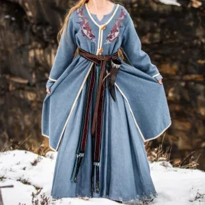 Women's Blue Wool Viking-Inspired Coat | Urnes Embroidery