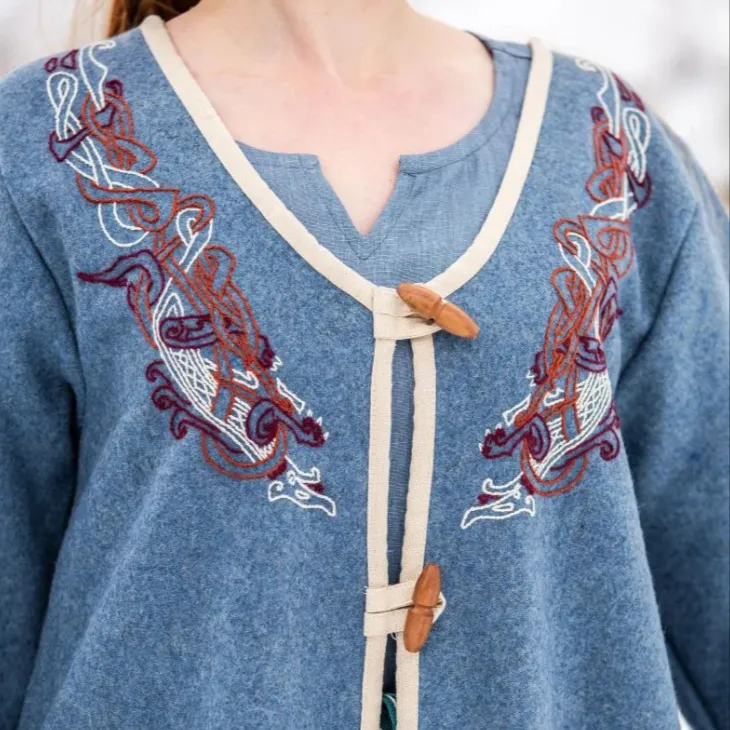 Women's Blue Wool Viking-Inspired Coat | Urnes Embroidery