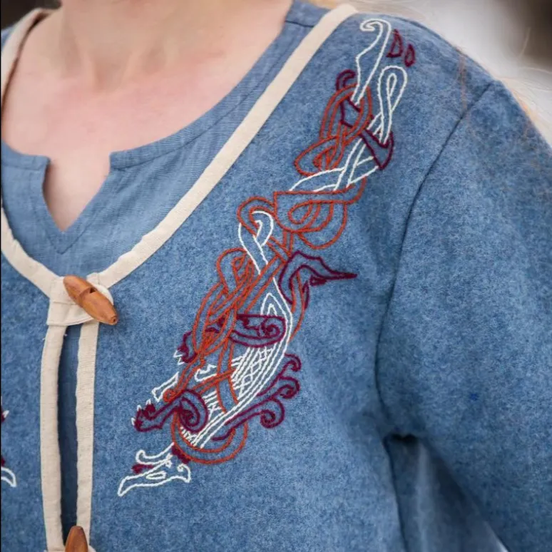 Women's Blue Wool Viking-Inspired Coat | Urnes Embroidery