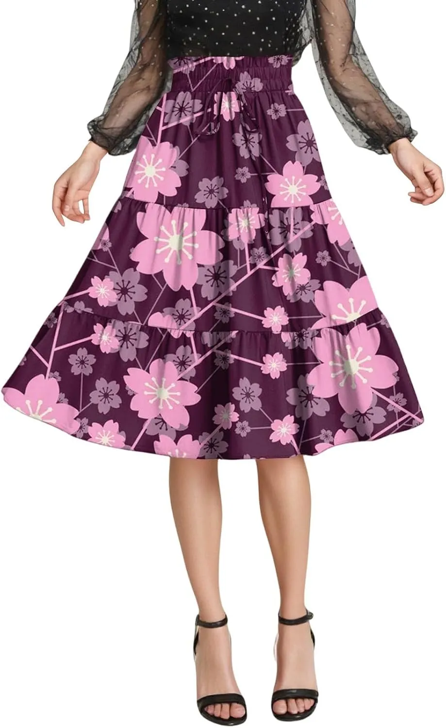 Women's Sundresses Boho Floral Skirt Casual Elastic High Waist Maxi Skirts Flowy A Line Beach Long Skirt, S-2XL