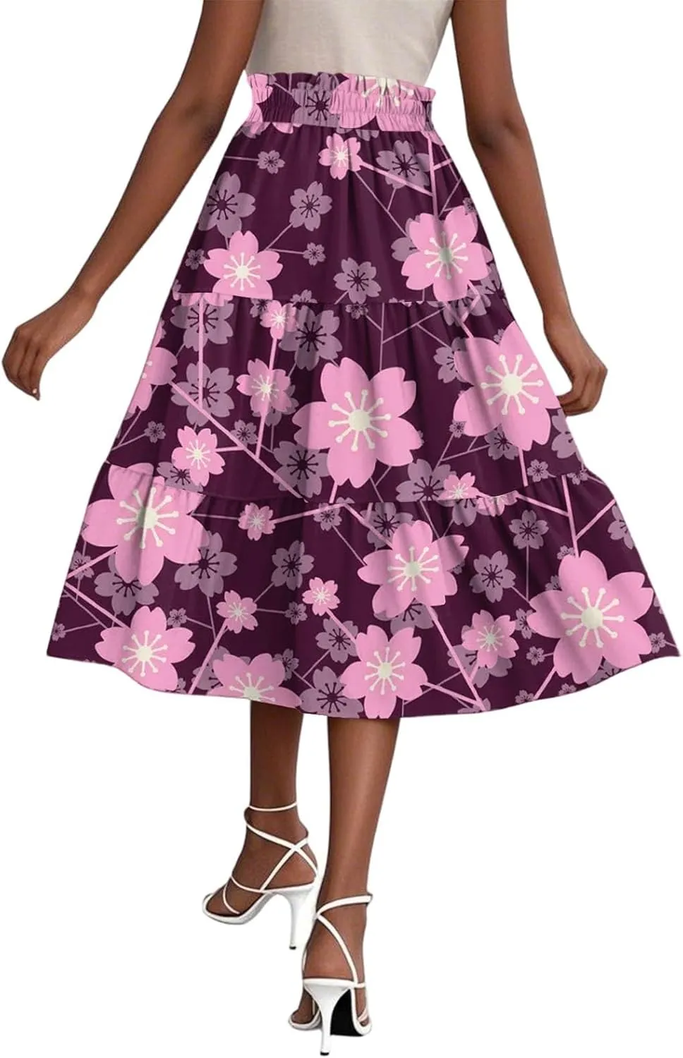 Women's Sundresses Boho Floral Skirt Casual Elastic High Waist Maxi Skirts Flowy A Line Beach Long Skirt, S-2XL